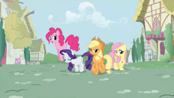 Size: 800x450 | Tagged: safe, screencap, applejack, fluttershy, pinkie pie, rainbow dash, rarity, earth pony, pegasus, pony, unicorn, g4, animated, female, flying, intro, mare, open mouth, open smile, smiling, spread wings, wings