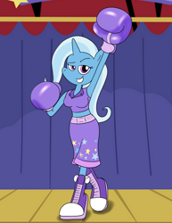 Size: 1468x1900 | Tagged: safe, artist:ballisticfury, artist:strangefacts101, trixie, unicorn, anthro, g4, boots, boxing, boxing gloves, boxing shorts, clothes, collar, converse, female, looking at you, shoes, shorts, solo, sports, tank top, trunks