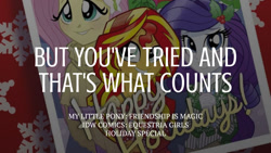 Size: 1280x720 | Tagged: safe, edit, editor:quoterific, idw, official comic, fluttershy, rarity, sunset shimmer, human, equestria girls, g4, spoiler:comic, spoiler:comicholiday2014, female, grin, hairpin, holiday special, smiling, text