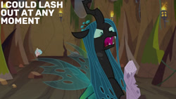 Size: 1280x720 | Tagged: safe, edit, edited screencap, editor:quoterific, screencap, cozy glow, queen chrysalis, changeling, pegasus, pony, frenemies (episode), g4, season 9, female, filly, foal, open mouth, solo focus, text