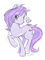 Size: 480x640 | Tagged: safe, artist:hinoraito, oc, oc only, earth pony, pony, cup, female, mare, simple background, sketch, solo, teacup, white background