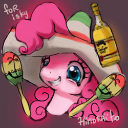 Size: 600x600 | Tagged: safe, artist:hinoraito, pinkie pie, earth pony, pony, g4, alcohol, bust, food, maracas, mexico, musical instrument, portrait, solo, sombrero, tequila