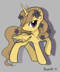 Size: 720x864 | Tagged: safe, artist:hinoraito, oc, oc only, alicorn, pony, alicorn oc, female, flower, flower in hair, horn, jewelry, mare, necklace, sketch, solo, wings