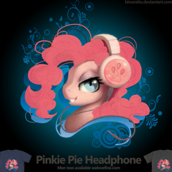 Size: 1299x1299 | Tagged: safe, artist:hinoraito, pinkie pie, pony, g4, official, bust, clothes, headphones, merchandise, portrait, shirt, solo, t-shirt, welovefine