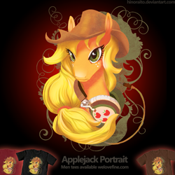 Size: 1299x1299 | Tagged: safe, artist:hinoraito, applejack, pony, g4, official, bust, clothes, headphones, merchandise, portrait, shirt, solo, t-shirt, welovefine