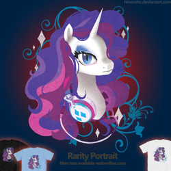 Size: 1299x1299 | Tagged: safe, artist:hinoraito, rarity, pony, g4, official, bust, clothes, female, headphones, mare, merchandise, portrait, shirt, solo, t-shirt, welovefine