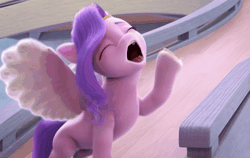 Size: 979x617 | Tagged: safe, screencap, pipp petals, pegasus, pony, g5, my little pony: make your mark, my little pony: make your mark chapter 1, spoiler:my little pony: make your mark, animated, eyes closed, female, floppy ears, gif, mare, open mouth, open smile, pipp petals is best facemaker, raised hoof, singing, smiling, solo, spread wings, unshorn fetlocks, wings, yeah!!!!!!!!, yelling