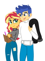 Size: 768x1040 | Tagged: safe, artist:decokenite, flash sentry, sunset shimmer, human, equestria girls, g4, base used, book, clothes, female, jacket, looking at each other, looking at someone, male, pants, pen, requested art, ripped pants, ship:flashimmer, shipping, simple background, smiling, straight, sweater, talking, torn clothes, white background