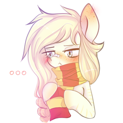 Size: 1200x1200 | Tagged: safe, artist:synisthetica, oc, oc only, pony, ..., bandaid, blushing, clothes, female, freckles, mare, scarf, scrunchy face, simple background, solo, striped scarf, white background