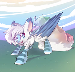 Size: 1600x1529 | Tagged: safe, artist:synisthetica, oc, oc only, oc:michini, pegasus, pony, art trade, cloud, female, grass, looking at you, mare, outdoors, sky, solo