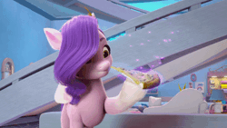 Size: 520x293 | Tagged: safe, screencap, pipp petals, pegasus, pony, g5, my little pony: make your mark, my little pony: make your mark chapter 1, spoiler:my little pony: make your mark, animated, eating, female, food, gif, headband, mare, pizza, solo