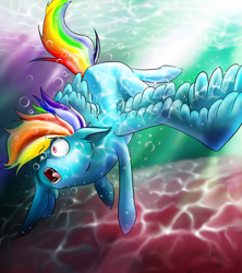 Size: 2309x2598 | Tagged: safe, artist:marrow-pony, rainbow dash, pegasus, pony, g4, bubble, commission, crepuscular rays, digital art, feather, female, high res, mare, ocean, open mouth, pink eyes, solo, spread wings, struggling, sunlight, swimming, teeth, underwater, water, wings