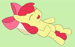 Size: 3571x2262 | Tagged: safe, artist:toryu137, apple bloom, earth pony, pony, g4, female, filly, foal, green background, high res, pillow, simple background, solo
