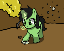Size: 605x486 | Tagged: safe, artist:neuro, oc, oc only, oc:filly anon, insect, pony, unicorn, deep rock galactic, female, filly, foal, levitation, magic, pickaxe, solo, telekinesis