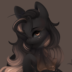 Size: 1500x1500 | Tagged: safe, artist:dammmnation, oc, oc only, earth pony, pony, brown background, bust, clothes, ear piercing, earth pony oc, female, freckles, mare, piercing, simple background, solo