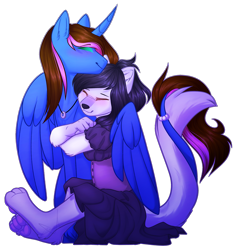 Size: 2137x2250 | Tagged: safe, artist:purplegrim40, oc, oc only, alicorn, pony, wolf, anthro, digitigrade anthro, alicorn oc, anthro with ponies, duo, furry, high res, horn, hug, jewelry, necklace, oc x oc, shipping, simple background, transparent background, wings
