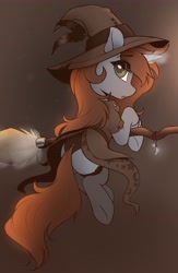 Size: 2673x4096 | Tagged: safe, artist:arjinmoon, oc, oc:arjin, pony, unicorn, broom, butt, clothes, femboy, flying, flying broomstick, hat, looking at you, looking back, male, plot, socks, solo, stallion, witch, witch costume, witch hat