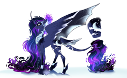 Size: 3328x2048 | Tagged: safe, artist:damayantiarts, princess luna, alicorn, bat pony, bat pony alicorn, pony, g4, bat wings, ethereal mane, female, high res, horn, mare, peytral, redesign, simple background, solo, starry mane, white background, wings