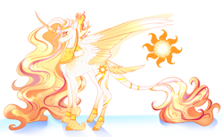 Size: 3328x2048 | Tagged: safe, artist:damayantiarts, princess celestia, alicorn, pony, g4, curved horn, female, high res, horn, mare, peytral, redesign, simple background, solo, white background