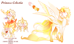 Size: 3462x2048 | Tagged: safe, artist:damayantiarts, princess celestia, alicorn, pony, g4, female, high res, mane of fire, mare, redesign, reference sheet, simple background, white background