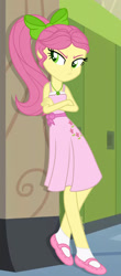 Size: 1280x2913 | Tagged: safe, artist:1alexgreen1, posey bloom, human, equestria girls, g4, g5, bare shoulders, bow, clothes, dress, equestria girls-ified, g5 to equestria girls, g5 to g4, generation leap, hair bow, jewelry, lockers, necklace, sandals, sleeveless, solo