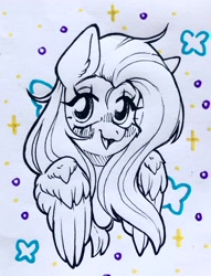 Size: 1564x2048 | Tagged: safe, artist:madkadd, fluttershy, pegasus, pony, g4, blushing, ear fluff, eyelashes, female, lineart, mare, smiling, solo, traditional art, wings