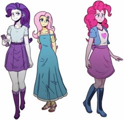 Size: 1076x1042 | Tagged: safe, artist:makaryo, fluttershy, pinkie pie, rarity, human, equestria girls, g4, boots, cellphone, clothes, dress, hairpin, jacket, open-toed shoes, phone, sandals, shoes, simple background, skirt, smartphone, white background