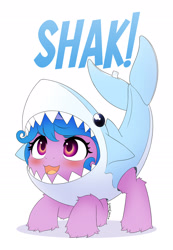 Size: 1800x2600 | Tagged: safe, artist:symbianl, izzy moonbow, pony, unicorn, g5, animal costume, baby shark, blushing, clothes, costume, cute, daaaaaaaaaaaw, female, filly, filly izzy moonbow, foal, izzybetes, kimiko glenn, shark costume, simple background, solo, symbianl is trying to murder us, voice actor joke, white background, younger