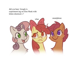 Size: 1097x936 | Tagged: safe, artist:pixel_chikki, apple bloom, scootaloo, sweetie belle, earth pony, pegasus, pony, unicorn, g4, chest fluff, cutie mark crusaders, dialogue, frown, google experimenting on elon musk with kitten chemicals, heart eyes, meme, ponymagnets, smiling, starry eyes, text, trio, wat, wingding eyes