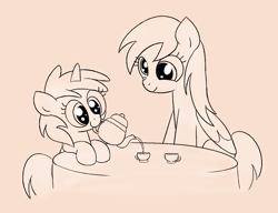 Size: 1181x906 | Tagged: safe, derpy hooves, dinky hooves, pegasus, pony, unicorn, g4, cup, cute, female, filly, foal, folded wings, mare, monochrome, mother and child, mother and daughter, mouth hold, simple background, sitting, table, tea party, teacup, teapot, wings