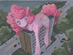 Size: 1024x768 | Tagged: safe, artist:alexandrvirus, pinkie pie, earth pony, pony, g4, apartment block, car, female, giant pony, macro, mare, solo, street