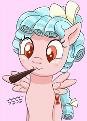 Size: 1247x1729 | Tagged: safe, artist:chiruchiru, cozy glow, pegasus, pony, g4, blushing, cozybetes, cute, eye clipping through hair, female, filly, foal, food, mouth hold, pink background, pocky, signature, simple background, smiling, solo, spread wings, wings