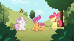 Size: 3410x1920 | Tagged: safe, screencap, apple bloom, scootaloo, sweetie belle, earth pony, pegasus, pony, unicorn, g4, season 1, the cutie mark chronicles, apple bloom's bow, bow, bucket, cutie mark crusaders, eyes closed, female, filly, foal, hair bow, high res, smiling, spread wings, trio, wings