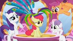 Size: 3410x1920 | Tagged: safe, screencap, apple bloom, rarity, scootaloo, sweetie belle, earth pony, pegasus, pony, unicorn, g4, season 2, the cutie pox, apple bloom's bow, bipedal, bow, carousel boutique, cutie mark crusaders, female, filly, flying, foal, grin, hair bow, high res, mare, open mouth, open smile, scootaloo can fly, smiling, spread wings, wings