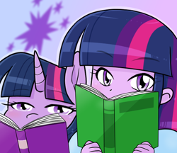 Size: 740x640 | Tagged: safe, artist:batipin, part of a set, twilight sparkle, human, equestria girls, g4, 2022, book, duo, female, looking at you, peering, reading, self paradox, self ponidox, that pony sure does love books