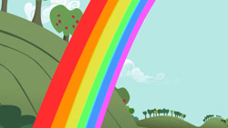 Size: 3410x1920 | Tagged: safe, screencap, g4, hearts and hooves day (episode), season 2, apple orchard, cloud, day, high res, no pony, orchard, rainbow, sky, tree