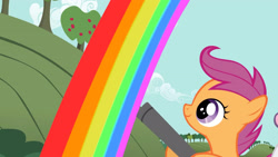 Size: 3410x1920 | Tagged: safe, screencap, scootaloo, sweetie belle, pegasus, pony, unicorn, g4, hearts and hooves day (episode), season 2, cloud, female, filly, foal, high res, offscreen character, rainbow, smiling, solo focus, tree, vacuum cleaner
