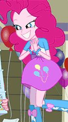 Size: 182x324 | Tagged: safe, screencap, pinkie pie, human, equestria girls, g4, my little pony equestria girls, animated, balloon, boots, bracelet, clothes, cute, diapinkes, gif, jewelry, jumping, loop, ponk, shirt, shoes, skirt, smiling, teenager, vest