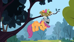 Size: 3410x1920 | Tagged: safe, screencap, scootaloo, bird, pegasus, pony, g4, ponyville confidential, season 2, :o, bird nest, eyes closed, female, filly, flying, foal, hat, high res, nest, open mouth, scootaloo can fly, solo, spread wings, tree branch, wings
