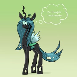 Size: 2000x2000 | Tagged: safe, artist:confetticakez, queen chrysalis, changeling, changeling queen, g4, cute, cutealis, derp, eye clipping through hair, female, forked tongue, gradient background, high res, silly changeling, smiling, solo, text, thought bubble, tongue out, wavy mouth