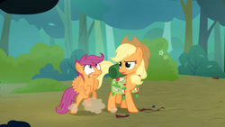 Size: 3410x1920 | Tagged: safe, screencap, applejack, scootaloo, earth pony, pegasus, pony, g4, season 3, sleepless in ponyville, applejack's hat, cowboy hat, duo, female, filly, flying, foal, hat, high res, mare, open mouth, orange mane, orange skin, scootaloo can fly, spread wings, wings