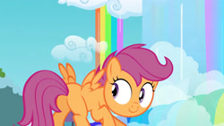 Size: 3410x1920 | Tagged: safe, screencap, scootaloo, pegasus, pony, g4, my little pony: friendship is magic, season 3, sleepless in ponyville, butt, female, filly, foal, high res, plot, rainbow, smiling, solo, spread wings, wings