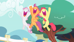 Size: 3410x1920 | Tagged: safe, screencap, apple bloom, scootaloo, sweetie belle, earth pony, pegasus, pony, unicorn, flight to the finish, g4, season 4, apple bloom's bow, bow, cutie mark crusaders, female, filly, foal, hair bow, high res, mawshot, nose in the air, open mouth, open smile, smiling, spread wings, trio, uvula, volumetric mouth, wings