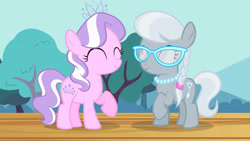 Size: 3410x1920 | Tagged: safe, screencap, diamond tiara, silver spoon, earth pony, pony, flight to the finish, g4, my little pony: friendship is magic, season 4, ^^, cute, diamondbetes, duo, eyes closed, female, filly, foal, high res, silverbetes, smiling