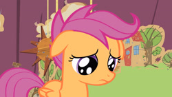 Size: 3410x1920 | Tagged: safe, screencap, scootaloo, pegasus, pony, flight to the finish, g4, season 4, cute, cutealoo, female, filly, floppy ears, foal, high res, sad, sadorable, solo