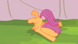 Size: 3410x1920 | Tagged: safe, screencap, scootaloo, pegasus, pony, flight to the finish, g4, season 4, butt, faceplant, female, filly, foal, high res, plot, solo, spread wings, wings