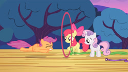 Size: 3410x1920 | Tagged: safe, screencap, apple bloom, scootaloo, sweetie belle, earth pony, pegasus, pony, unicorn, flight to the finish, g4, season 4, apple bloom's bow, bow, cutie mark crusaders, eyes closed, female, filly, flying, foal, hair bow, high res, scootaloo can't fly, spread wings, trio, wings