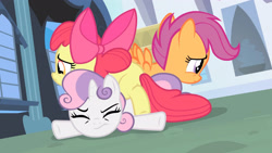 Size: 3410x1920 | Tagged: safe, screencap, apple bloom, scootaloo, sweetie belle, earth pony, pegasus, pony, unicorn, for whom the sweetie belle toils, g4, season 4, apple bloom's bow, bow, cutie mark crusaders, eyes closed, female, filly, foal, hair bow, high res, spread wings, trio, wings