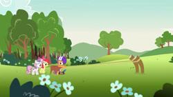 Size: 3410x1920 | Tagged: safe, screencap, apple bloom, scootaloo, sweetie belle, earth pony, pegasus, pony, unicorn, g4, parental glideance, season 7, apple bloom's bow, bag, bow, cutie mark crusaders, female, filly, foal, hair bow, helmet, high res, open mouth, saddle bag, scooter, slingshot, trio
