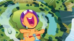 Size: 3410x1920 | Tagged: safe, screencap, scootaloo, pegasus, pony, g4, parental glideance, season 7, female, filly, flying, foal, helmet, high res, mawshot, nose in the air, open mouth, open smile, scootaloo can fly, scooter, smiling, solo, spread wings, uvula, volumetric mouth, wings